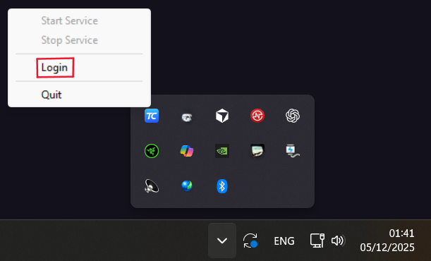 System tray icon and Log In